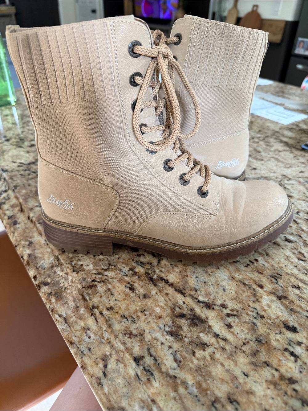 Women's Tan Lace-Up Knit Collar Combat Boots